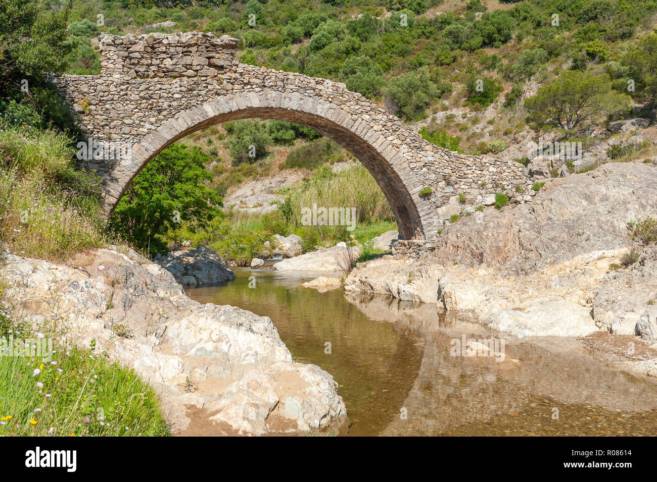 Historic arch bridge Le Pont des Fees, Grimaud-Village, Var, Provence-Alpes-Cote d`Azur, France, Europe Stock Photo